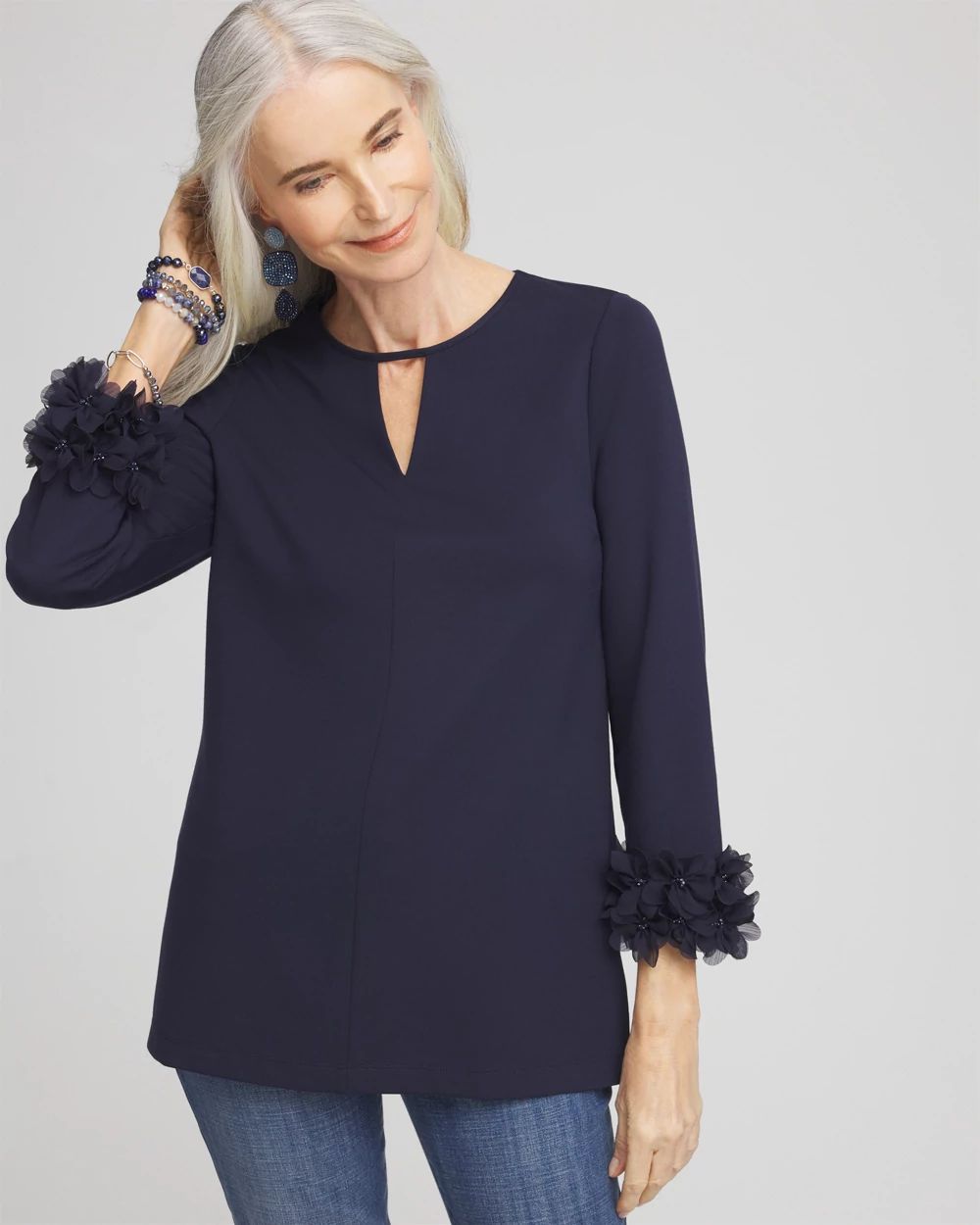 【送料込】 Ponte Chico's | Tunic Floral Applique 3D トップス